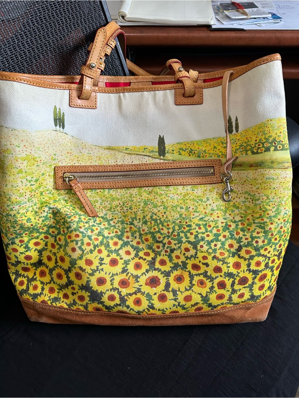Vintage Dooney and BourkeSunflower Canvas Tote with Leather Trim - Yellow Floral